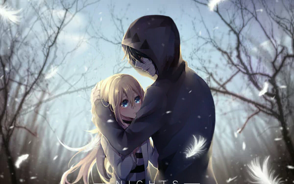 HD desktop wallpaper featuring Rachel Gardner and Zack from Angels of Death anime, in a snowy embrace with feathers floating around.