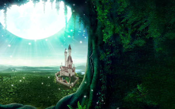 A vibrant green meadow viewed through a glowing portal window reveals a distant fantasy castle under a radiant sky, rendered in stunning 4K Ultra HD detail.