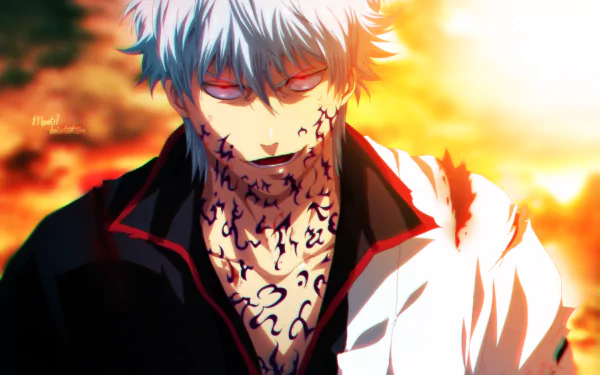 HD desktop wallpaper featuring Gintoki Sakata from the anime Gintama, with white hair and an angry expression, set against a dramatic, fiery background.
