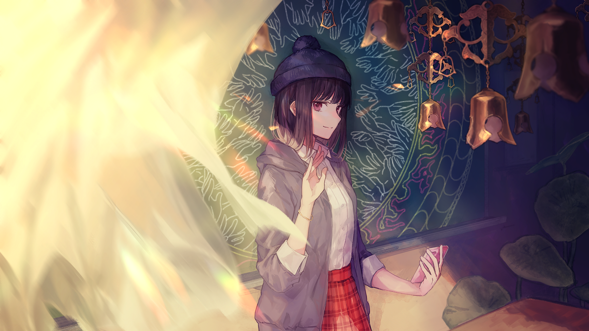 Anime-style HD desktop wallpaper featuring a smiling girl with short brown hair and brown eyes, wearing a hat and holding a smartphone, surrounded by glowing bells.
