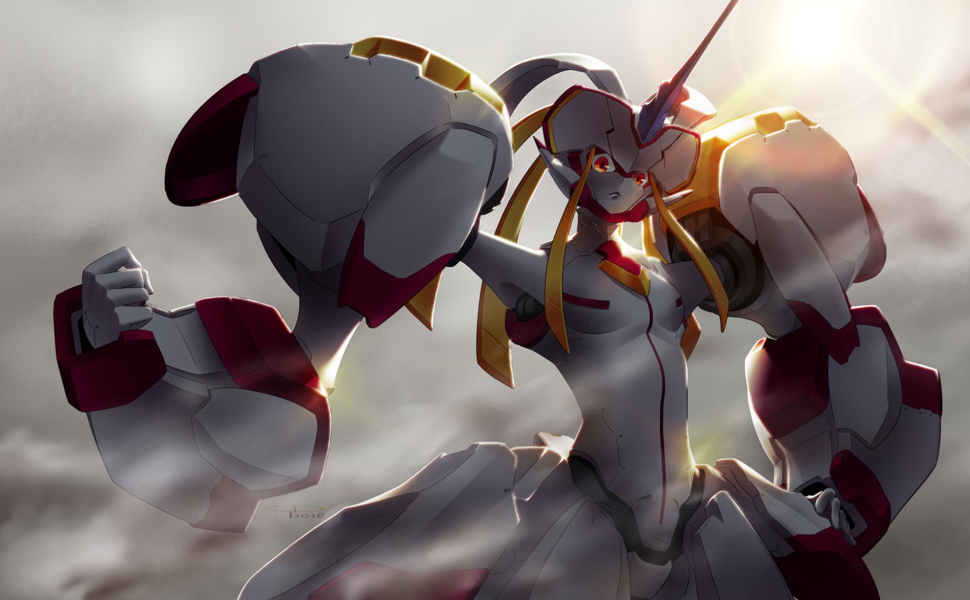 HD anime desktop wallpaper featuring Strelizia, the mecha from Darling in the FranXX, showcasing dynamic lighting and detailed mechanical design.