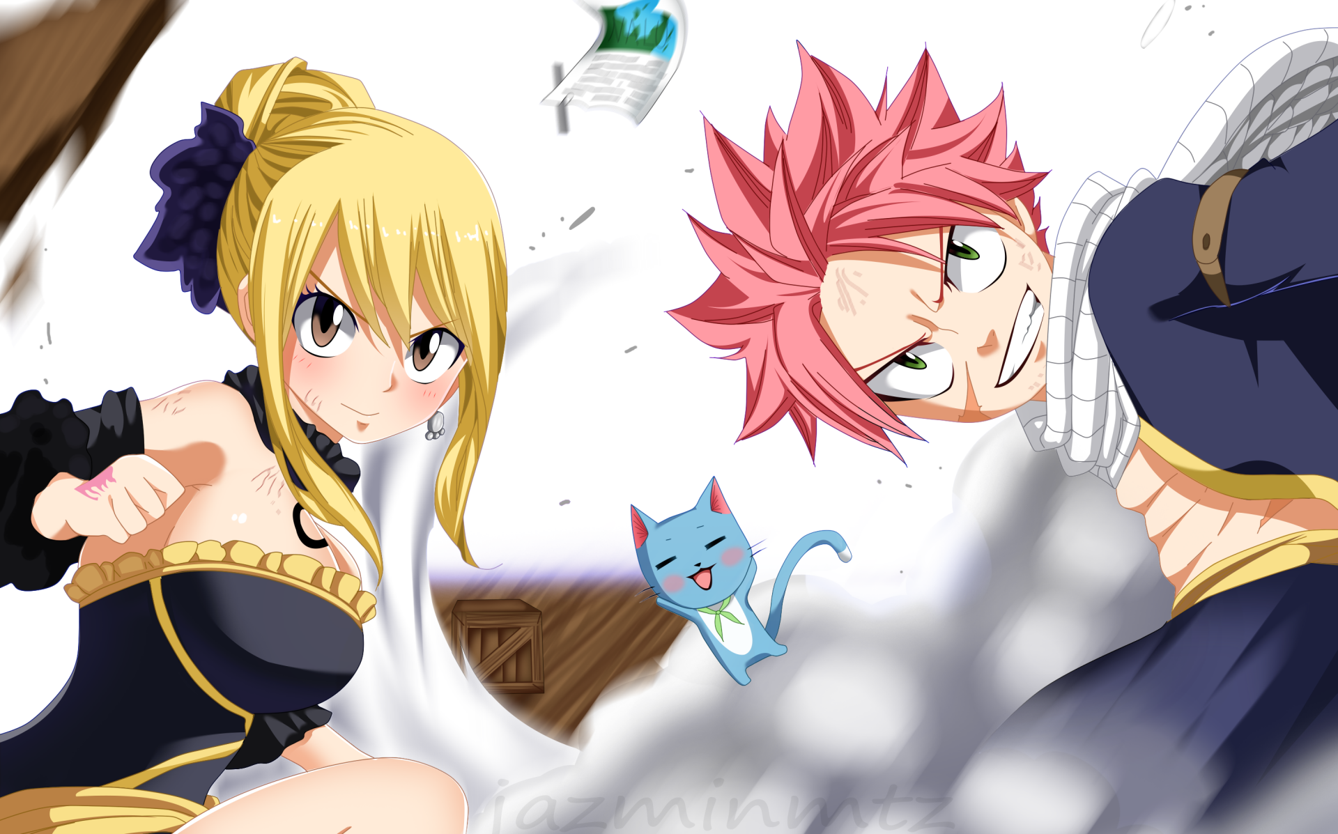 HD anime wallpaper featuring Fairy Tail characters Lucy Heartfilia, Natsu Dragneel, and Happy in dynamic poses with a bright, energetic background.