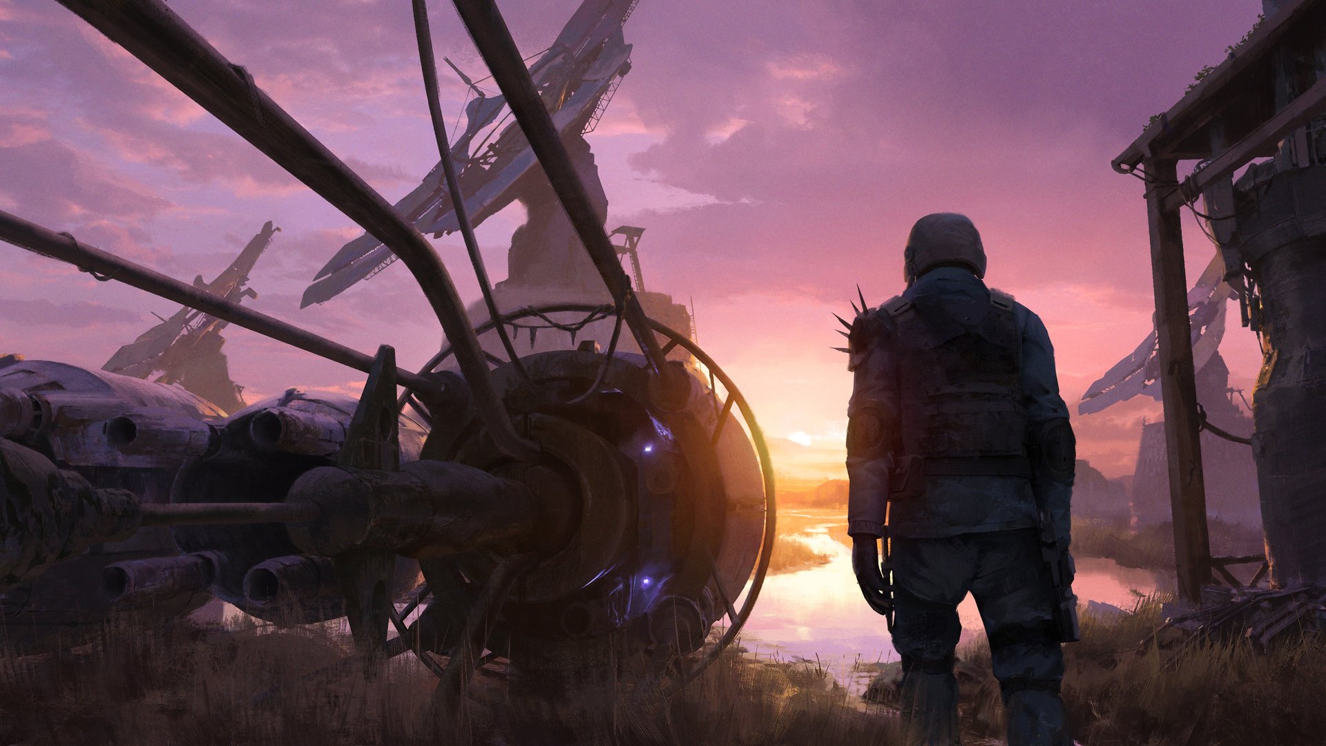 Sci-fi post-apocalyptic HD PC wallpaper showing a lone figure in gear standing near wreckage at sunset, framed by towering, futuristic ship remains.