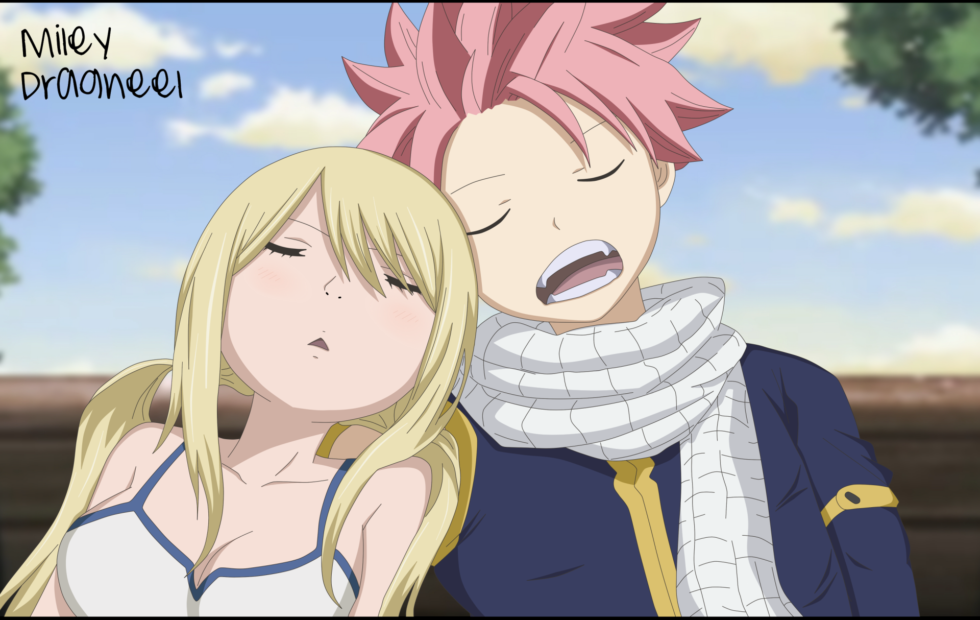 Lucy Heartfilia and Natsu Dragneel from Fairy Tail asleep leaning on each other in an anime scene — 2K Quad HD PC desktop wallpaper/background.