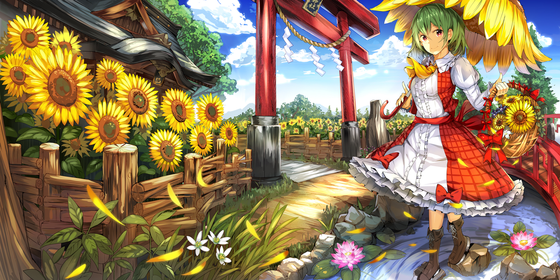 HD anime desktop wallpaper featuring Yuuka Kazami from Touhou, standing in a vibrant sunflower field near a traditional red torii gate under a bright blue sky.