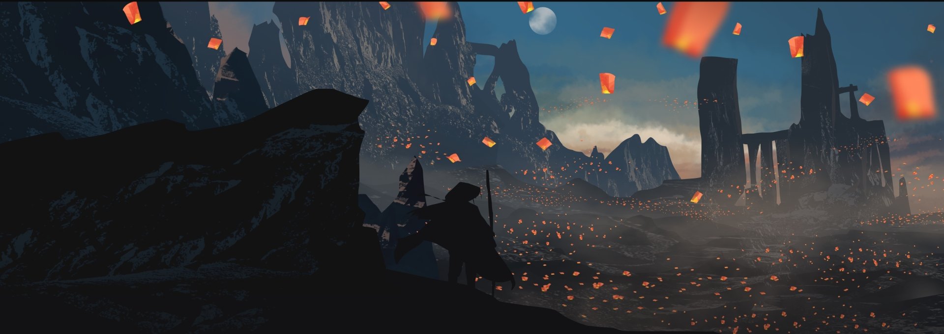 Anime HD wallpaper featuring a night scene with a full moon, floating lanterns, and a mountainous landscape. Silhouetted characters add to the mystical ambiance of the original artwork.