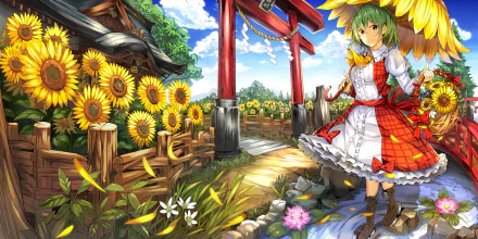 HD anime desktop wallpaper featuring Yuuka Kazami from Touhou, standing in a vibrant sunflower field near a traditional red torii gate under a bright blue sky.