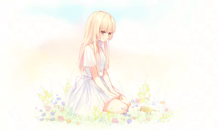 HD anime original artwork of a blonde girl sitting peacefully among pastel-colored flowers, designed as a PC desktop wallpaper and background.