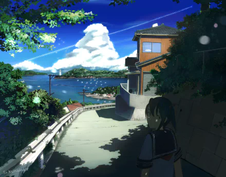 HD Anime wallpaper featuring a coastal scene with a person with short hair, house, bird, and lighthouse. The tranquil setting includes a vibrant sky and water, offering an original artistic background.