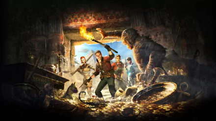 4K Ultra HD PC desktop wallpaper of the video game Strange Brigade: a quartet of adventurers battles a towering mummy amid scattered treasure in a torchlit tomb.