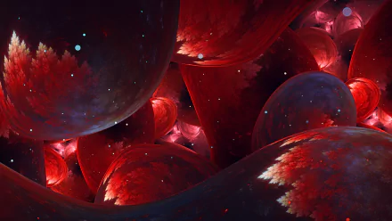 HD PC desktop wallpaper featuring an abstract red fractal design with spherical shapes and intricate textures creating a deep, immersive visual effect.