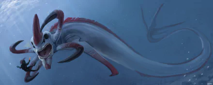 HD wallpaper featuring a sea monster from the video game Subnautica. The underwater creature has a long, sleek body with menacing jaws and multiple appendages, swimming in a deep blue ocean.