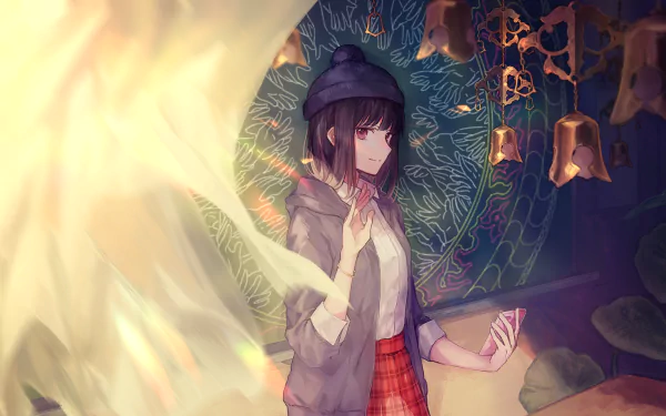 Anime-style HD desktop wallpaper featuring a smiling girl with short brown hair and brown eyes, wearing a hat and holding a smartphone, surrounded by glowing bells.