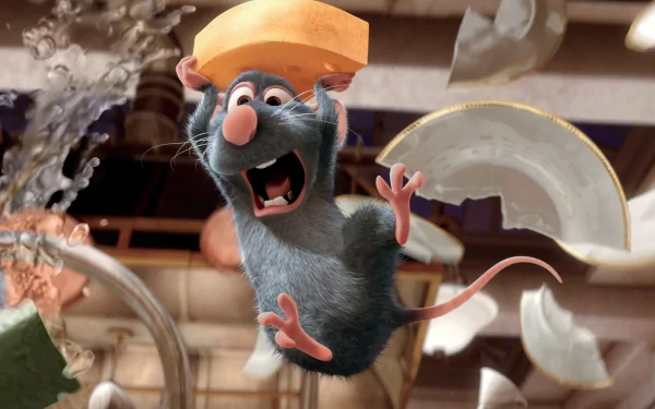 Remy from Ratatouille, holding cheese, joyfully suspended mid-air with kitchenware around, in an HD desktop wallpaper and background.