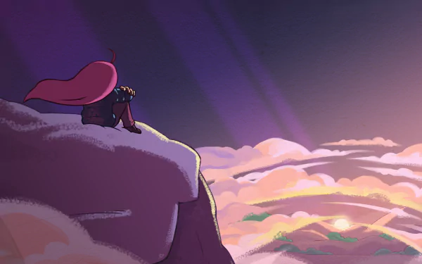 HD PC desktop wallpaper featuring a character from the video game Celeste sitting on a cliff, gazing at a vibrant sunrise over distant mountains and clouds.