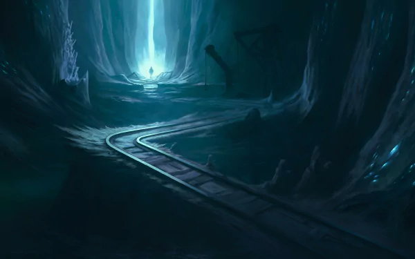 4K Ultra HD desktop wallpaper featuring a dark, eerie cavern with glowing light and winding rail tracks from the video game Path of Exile.