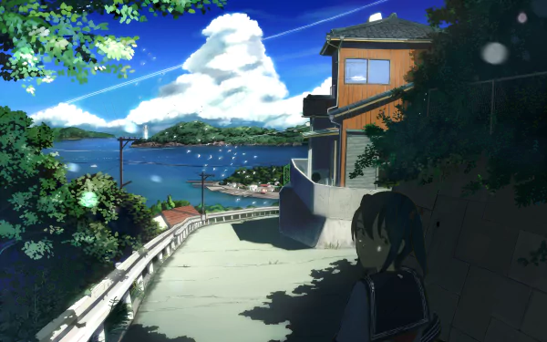HD Anime wallpaper featuring a coastal scene with a person with short hair, house, bird, and lighthouse. The tranquil setting includes a vibrant sky and water, offering an original artistic background.