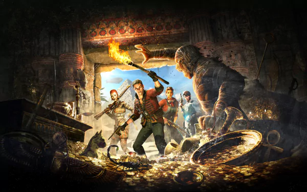 4K Ultra HD PC desktop wallpaper of the video game Strange Brigade: a quartet of adventurers battles a towering mummy amid scattered treasure in a torchlit tomb.