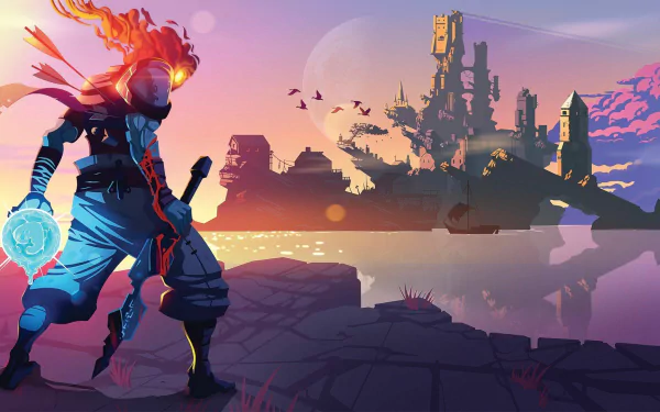 HD desktop wallpaper of the video game Dead Cells. It features a warrior with a flaming head and a mystical weapon, standing against a backdrop of a mysterious castle by a tranquil lake at sunset.
