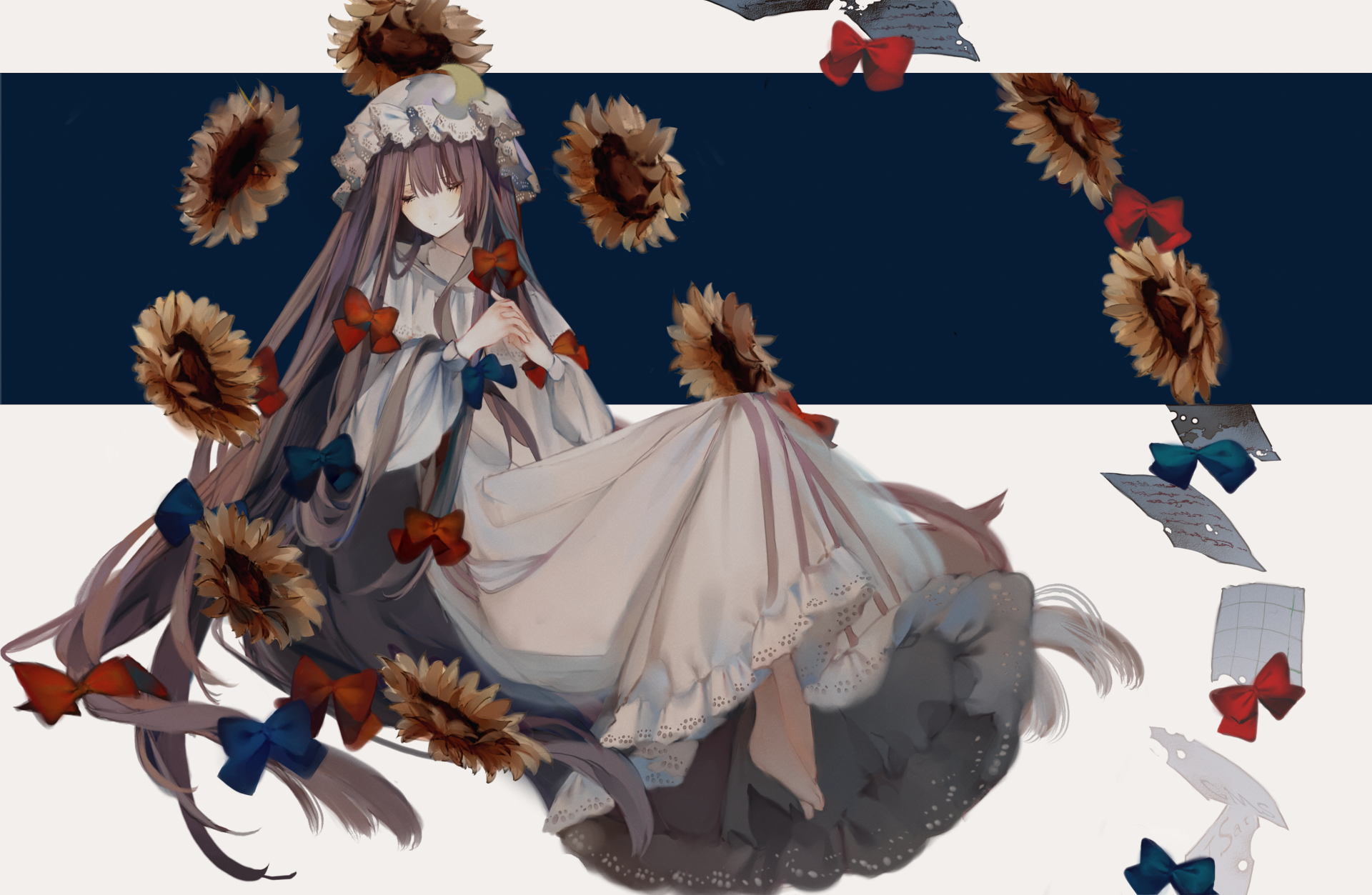 Patchouli Knowledge from Touhou in anime style, reclining on a rock surrounded by sunflowers and ribbons — 2K Quad HD PC desktop wallpaper and background.