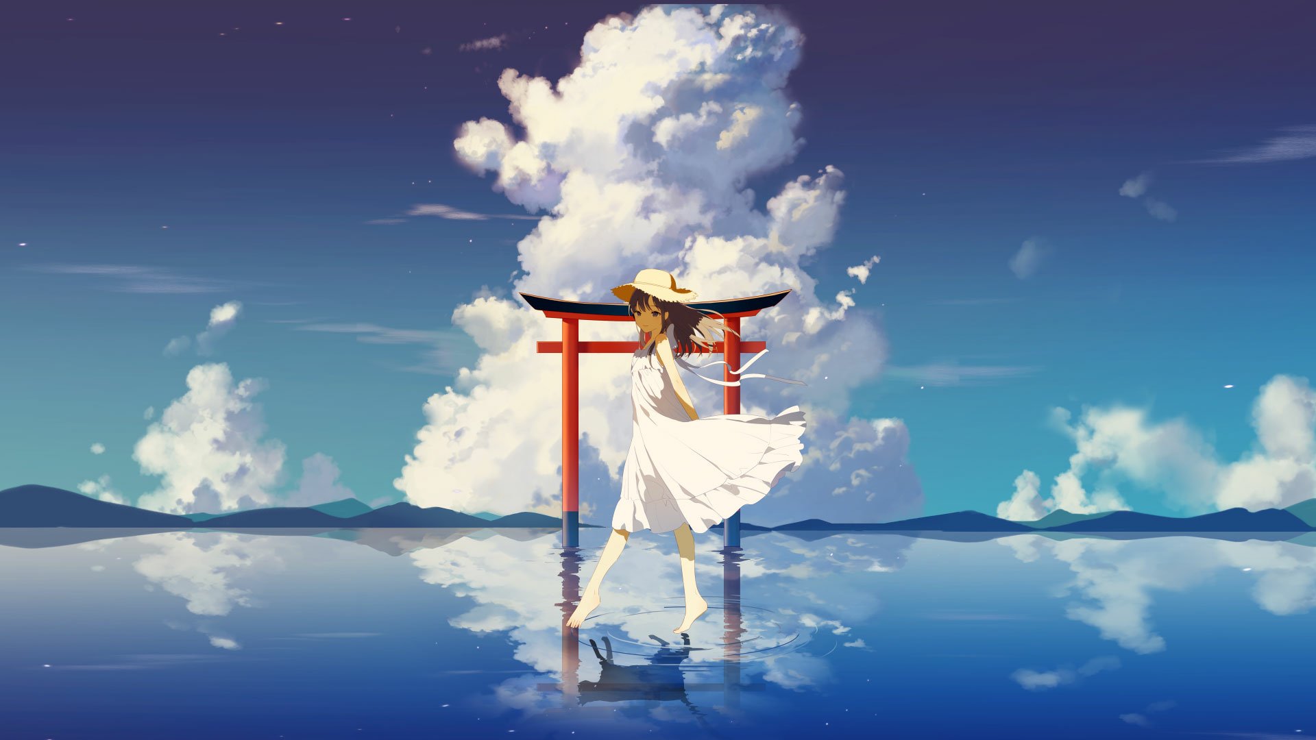 Anime-style image of a girl with long brown hair and a hat smiling, standing on reflective water near a red torii gate under a bright sky with clouds.