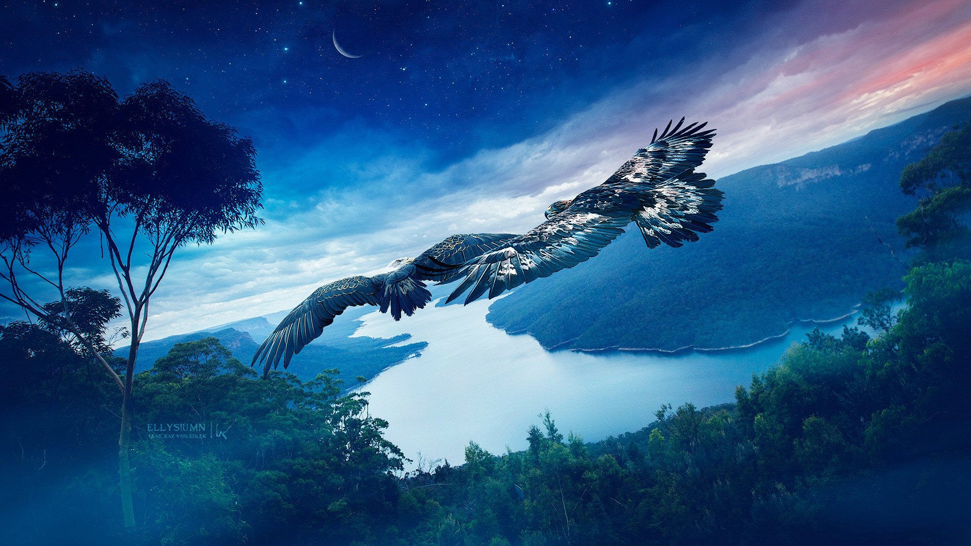 A majestic eagle soars over a vibrant fantasy landscape with lush trees and a sparkling blue lake, captured in stunning HD for a PC desktop wallpaper.