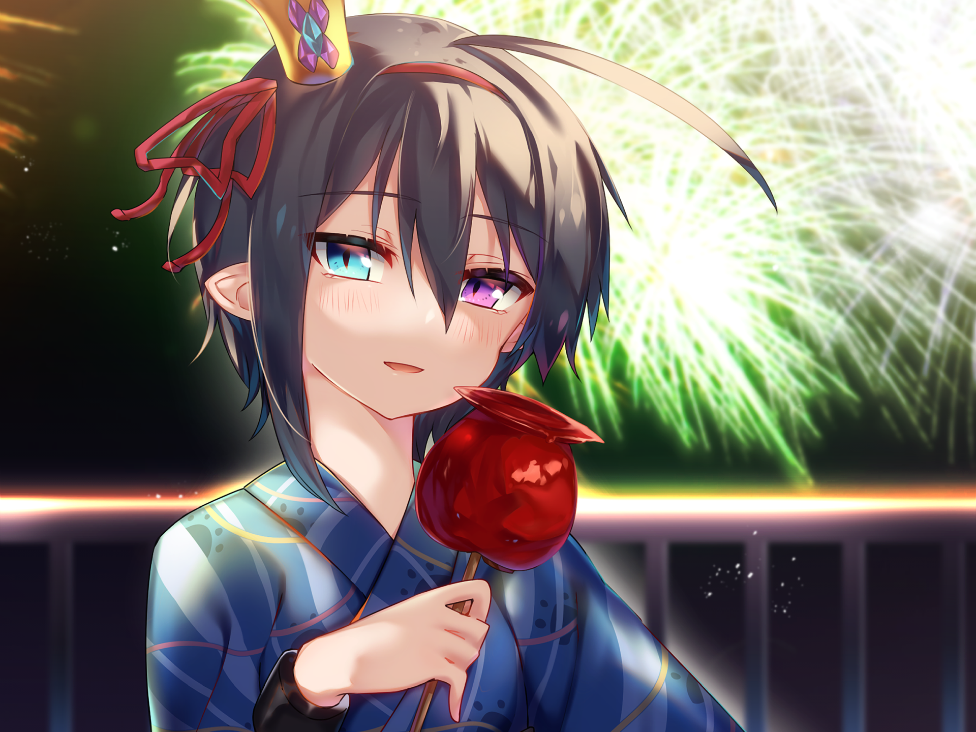 Anime original HD PC desktop wallpaper/background: a young yukata-clad character with heterochromatic eyes holds a candied apple on a balcony as fireworks burst behind them.
