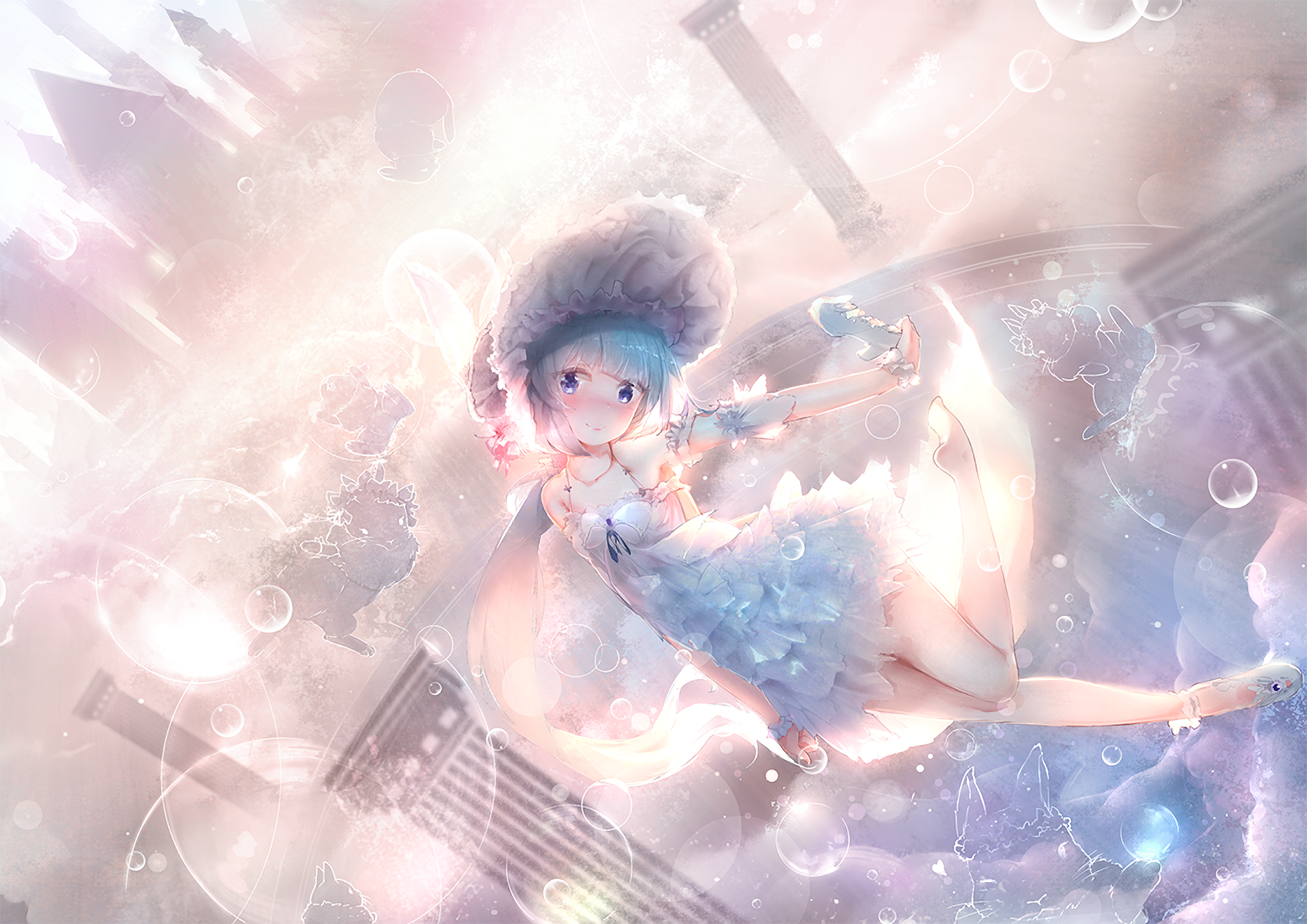 Anime-style original artwork featuring a serene character floating amidst soft light and bubbles, designed as an HD PC desktop wallpaper and background.