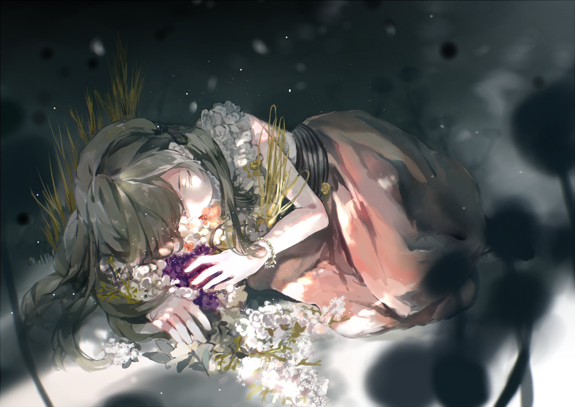 Anime HD wallpaper featuring a character with black and brown long hair laying among flowers, blending original artwork and dreamlike aesthetics.