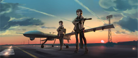 Anime-style 4K artwork featuring two short black-haired characters with green and brown eyes standing armed beside a General Atomics MQ-9 Reaper drone at sunset.
