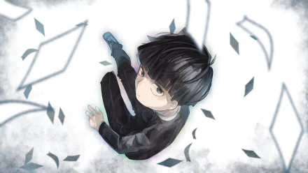 Top-down view of Shigeo Kageyama (Mob Psycho 100) in anime style, floating among swirling papers on a pale backdrop — 5K Ultra HD PC desktop wallpaper.