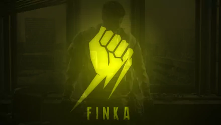 Minimalist 8K Ultra HD PC wallpaper: Finka emblem — neon yellow clenched fist and lightning bolt over a shadowed Tom Clancy's Rainbow Six: Siege operator.