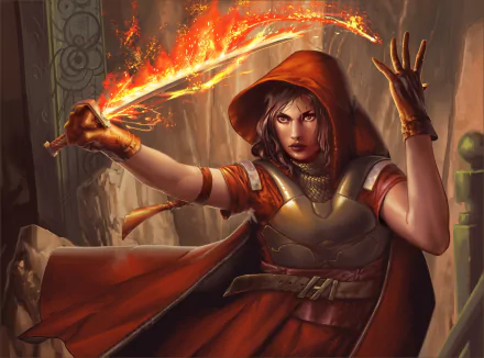 A fierce woman warrior in a hood wields a flaming sword, casting magic in a fantasy setting, captured in HD for a PC desktop wallpaper.