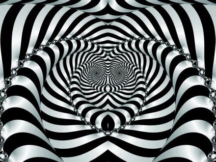 Artistic psychedelic HD desktop wallpaper featuring intricate black and white swirling patterns creating a hypnotic, tunnel-like optical illusion.