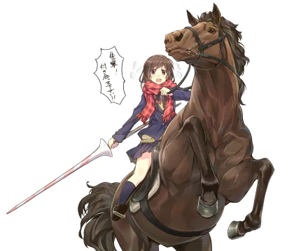 Anime original: girl in a red scarf wields a sword while riding a rearing horse — 2K Quad HD PC desktop wallpaper and background.