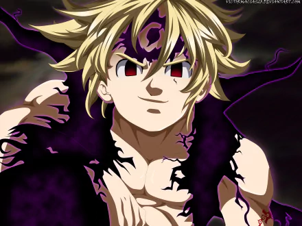 HD wallpaper featuring Meliodas from The Seven Deadly Sins, with blonde hair, red eyes, and dark energy swirling around him, showcasing an intense and powerful expression.