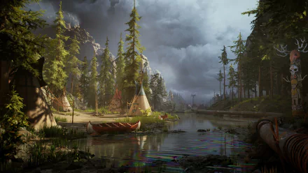 A serene HD desktop wallpaper featuring artistic Native American tipis beside a calm river, surrounded by tall pine trees under a moody, cloudy sky.
