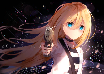 HD wallpaper of Rachel Gardner from Angels of Death anime, holding a gun with a cosmic backdrop.
