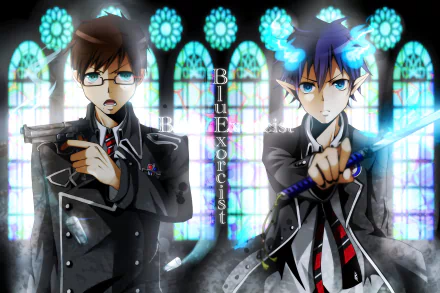 HD anime wallpaper featuring two Blue Exorcist characters in a stained glass-lit setting, one holding a gun and the other wielding a glowing sword.