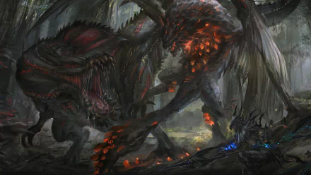 HD desktop wallpaper featuring Bazelgeuse and Deviljho from Monster Hunter: World in a detailed, intense scene, capturing the essence of this popular video game's thrilling monster battles.