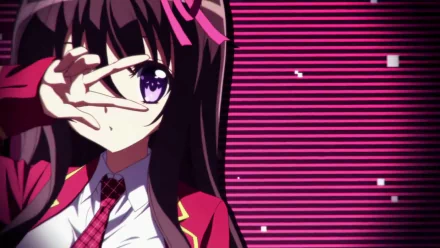 HD anime desktop wallpaper featuring a close-up of a Noucome character with dark hair, purple eyes, and a red school uniform against a striped pink and black background.