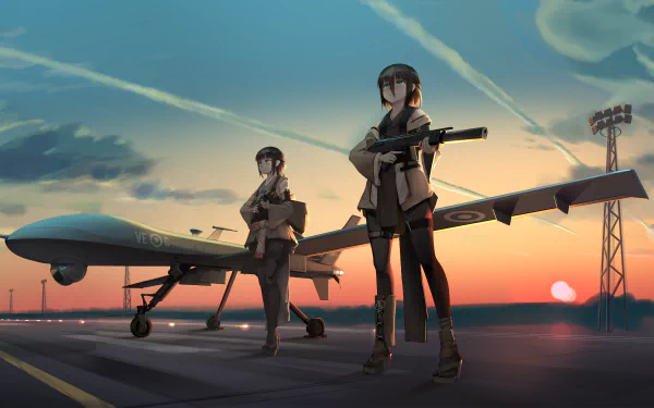 Anime-style 4K artwork featuring two short black-haired characters with green and brown eyes standing armed beside a General Atomics MQ-9 Reaper drone at sunset.