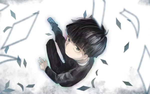 Top-down view of Shigeo Kageyama (Mob Psycho 100) in anime style, floating among swirling papers on a pale backdrop — 5K Ultra HD PC desktop wallpaper.