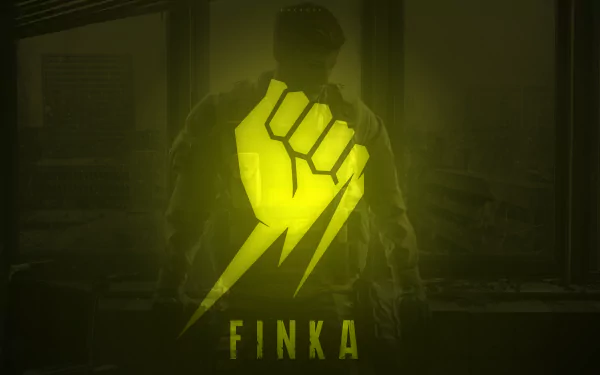 Minimalist 8K Ultra HD PC wallpaper: Finka emblem — neon yellow clenched fist and lightning bolt over a shadowed Tom Clancy's Rainbow Six: Siege operator.