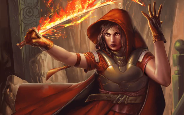 A fierce woman warrior in a hood wields a flaming sword, casting magic in a fantasy setting, captured in HD for a PC desktop wallpaper.