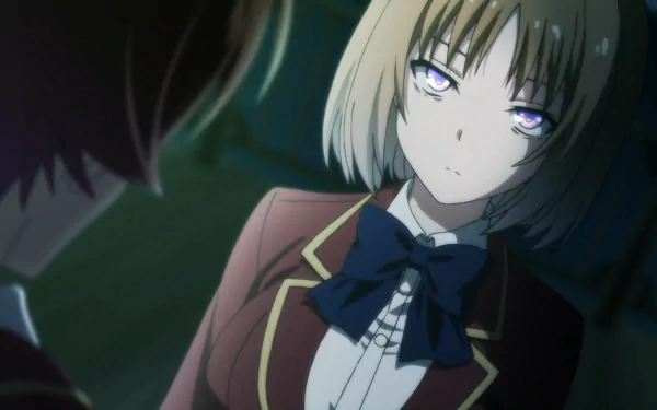 Kikyō Kushida from the anime Classroom of the Elite, depicted with a serious expression in a dimly lit scene, captured in 4K Ultra HD for PC desktop wallpaper.