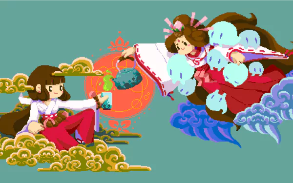 Artistic pixel art HD PC desktop wallpaper depicting two stylized characters in traditional attire interacting amidst clouds with vibrant colors and dynamic composition.