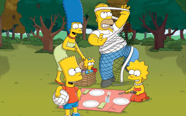 The Simpsons family—Marge, Maggie, Lisa, Homer, and Bart—enjoys a picnic in the park. Homer is tangled in a net while the rest of the family sets up. HD desktop wallpaper and background.