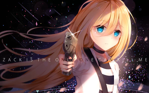 HD wallpaper of Rachel Gardner from Angels of Death anime, holding a gun with a cosmic backdrop.