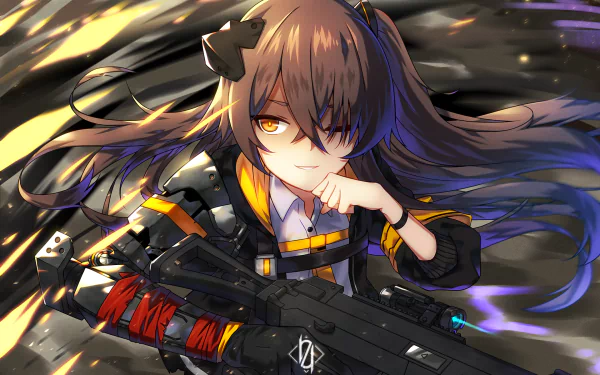 HD desktop wallpaper of UMP45 from Girls Frontline, featuring a character with brown hair and yellow eyes, holding a firearm, in a dynamic action pose.